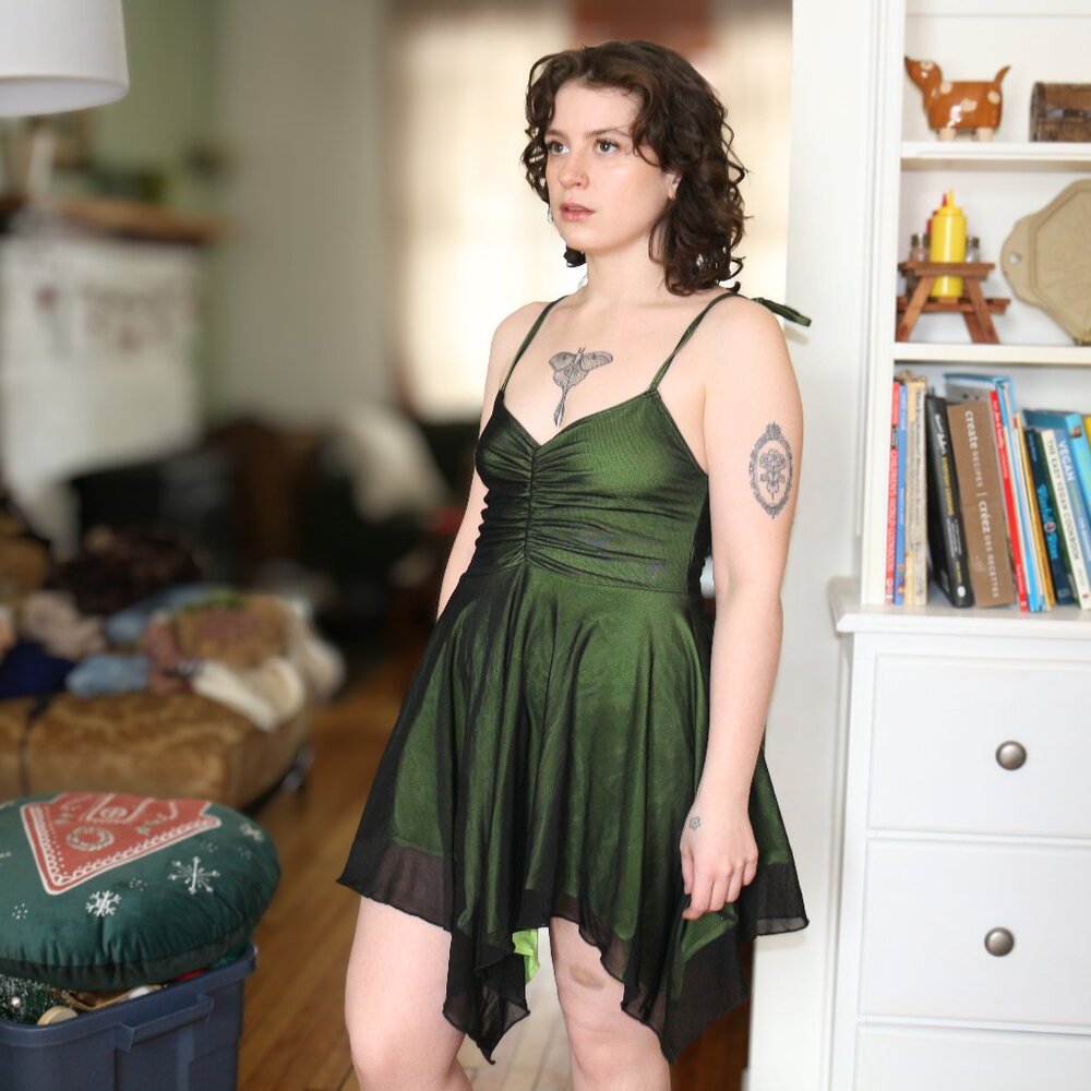 Current Mood Fairy Goth Green & Black Handkerchief Hem Dress - Medium